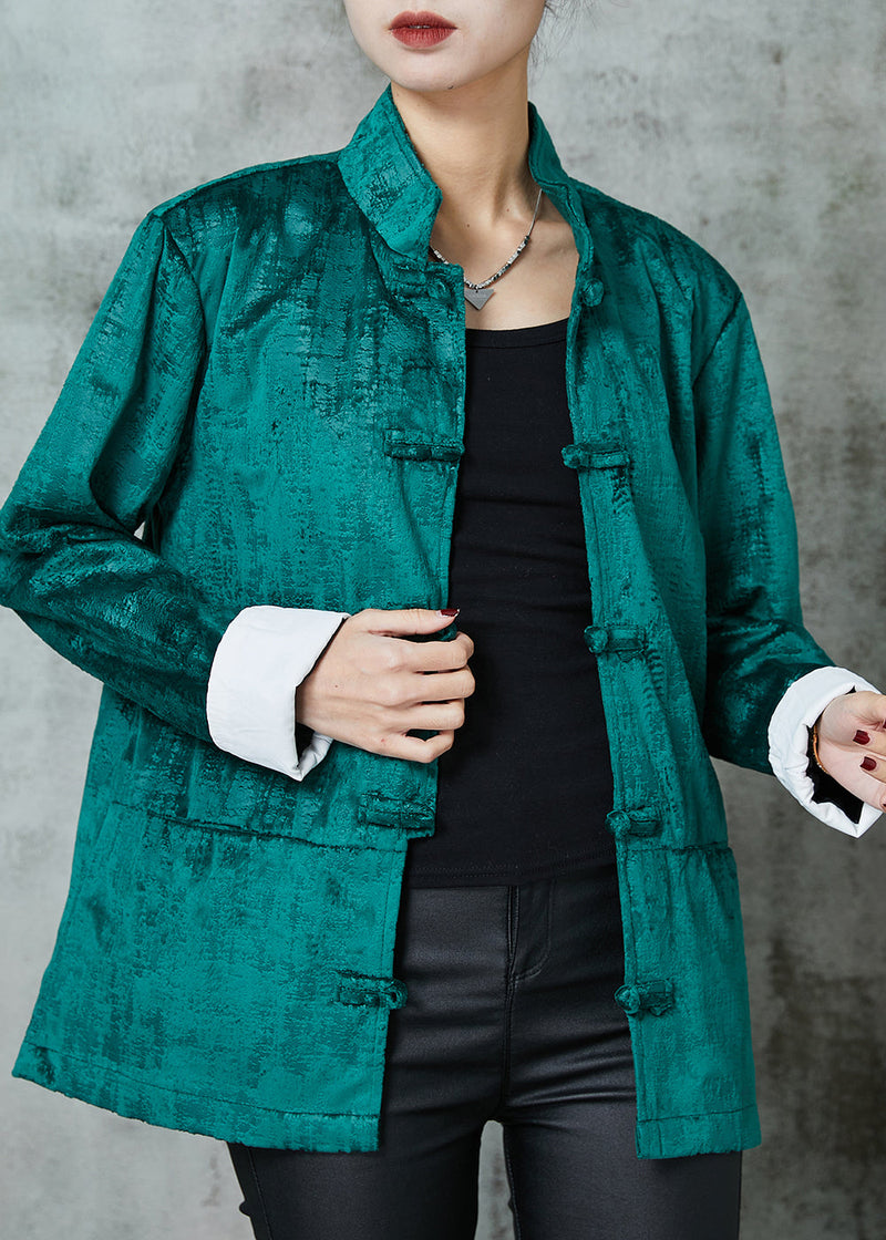 Peacock Green Stand Collar Chinese Button Cotton Coats Spring