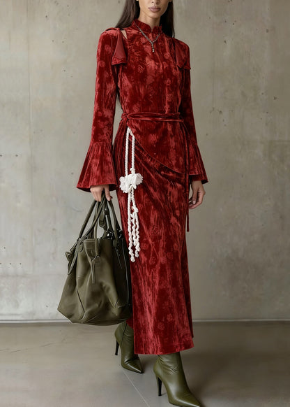 Slim Fit Red Asymmetrical Lace Up Silk Velvet Three Piece Set Flare Sleeve