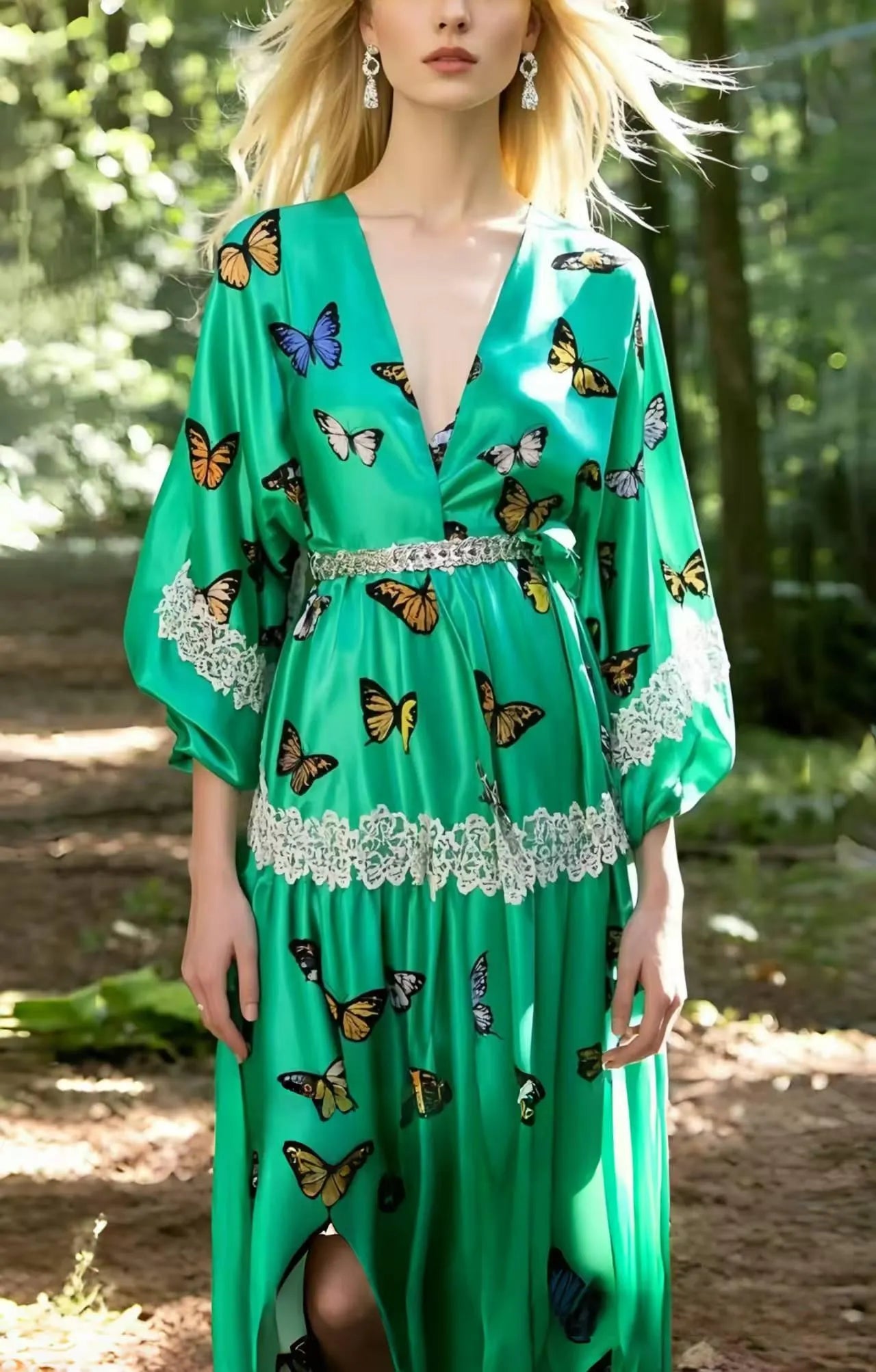 Art Lake Green Butterfly Silk Holiday Dress Summer