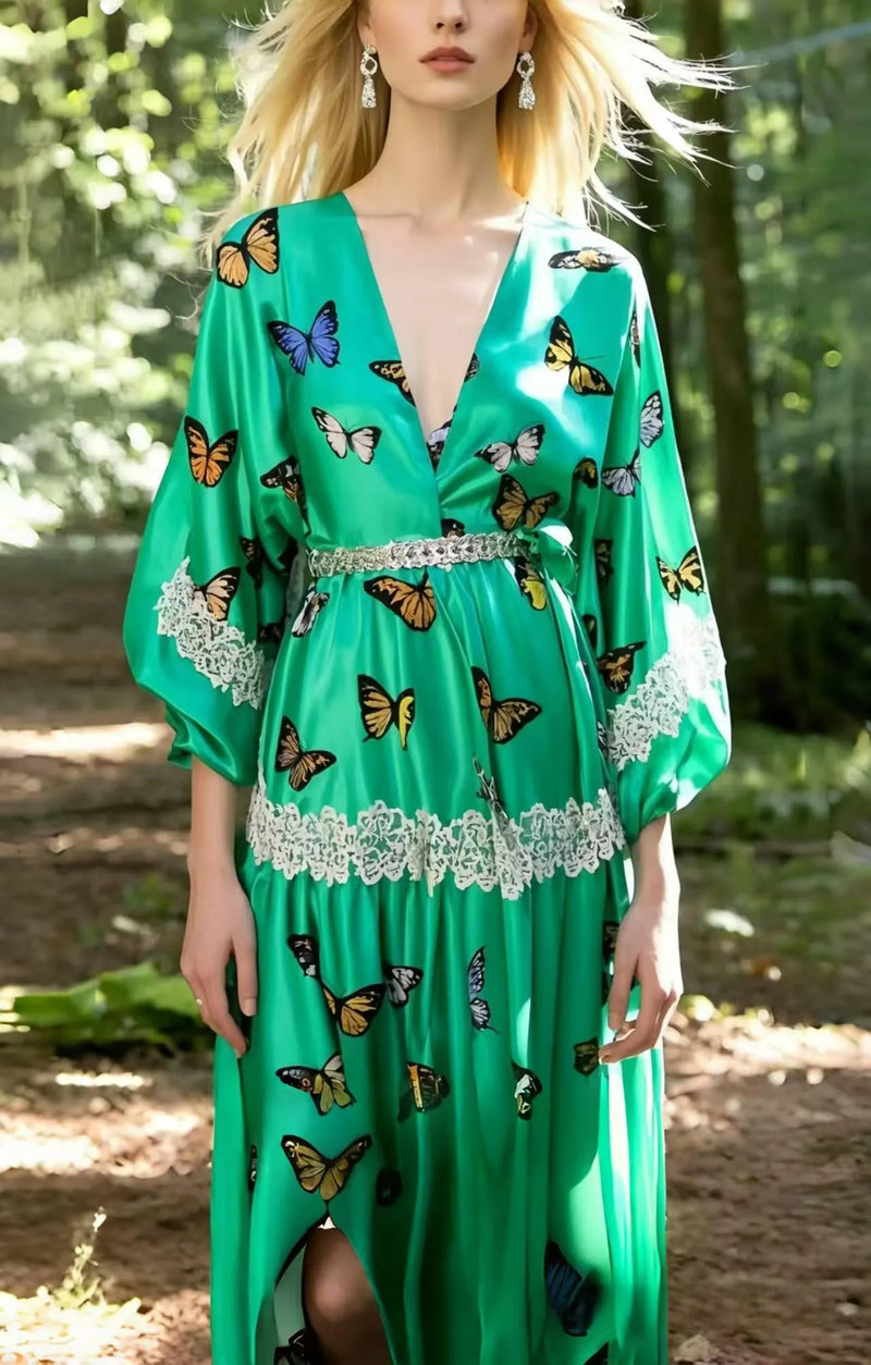 Art Lake Green Butterfly Silk Holiday Dress Summer