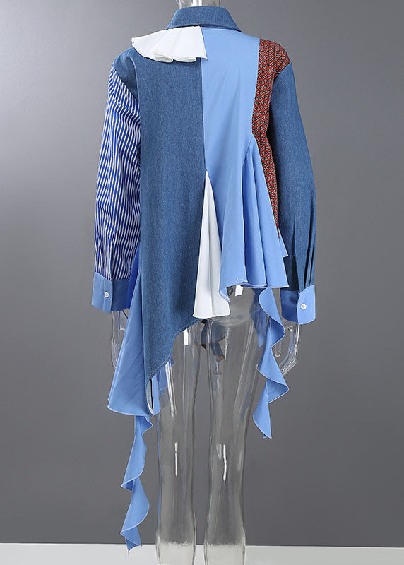 Unique Blue Asymmetrical Design Peter Pan Collar Patchwork Shirts Spring