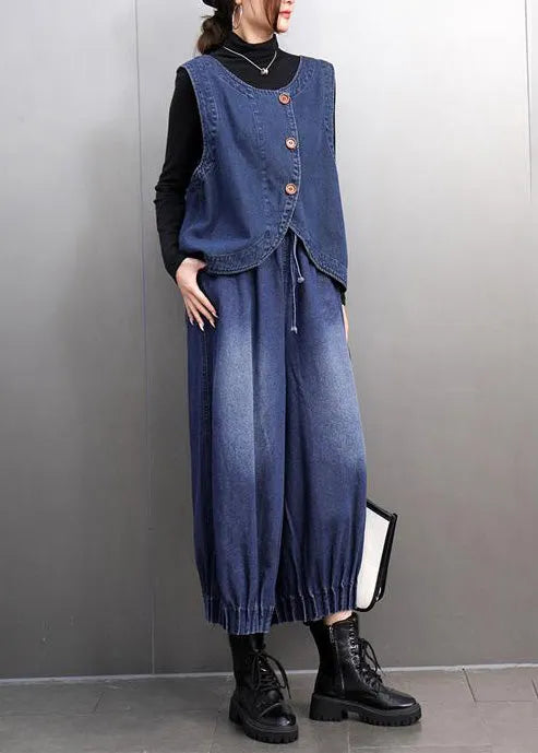 Navy Oversized Denim Vests and Harem Pants Two Pieces Set Summer