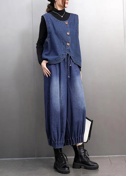 Navy Oversized Denim Vests and Harem Pants Two Pieces Set Summer