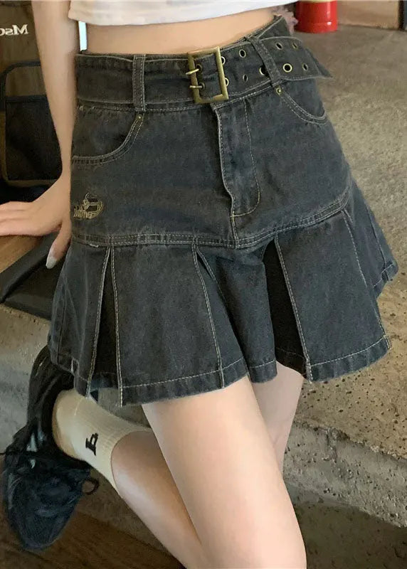 Black Grey High Waist Sashes Pockets Patchwork Cotton Denim Pleated Skirts Summer
