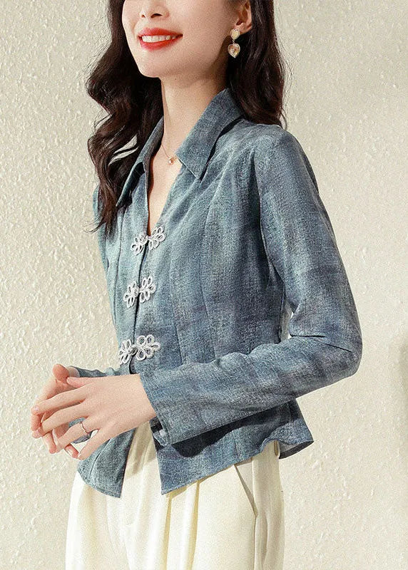 French Denim Blue Peter Pan Collar Patchwork Chinese Button Silk Tops Spring