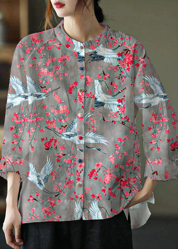 Modern Pink Flower Loose Patchwork Pockets Fall Long Sleeve Blouse Top