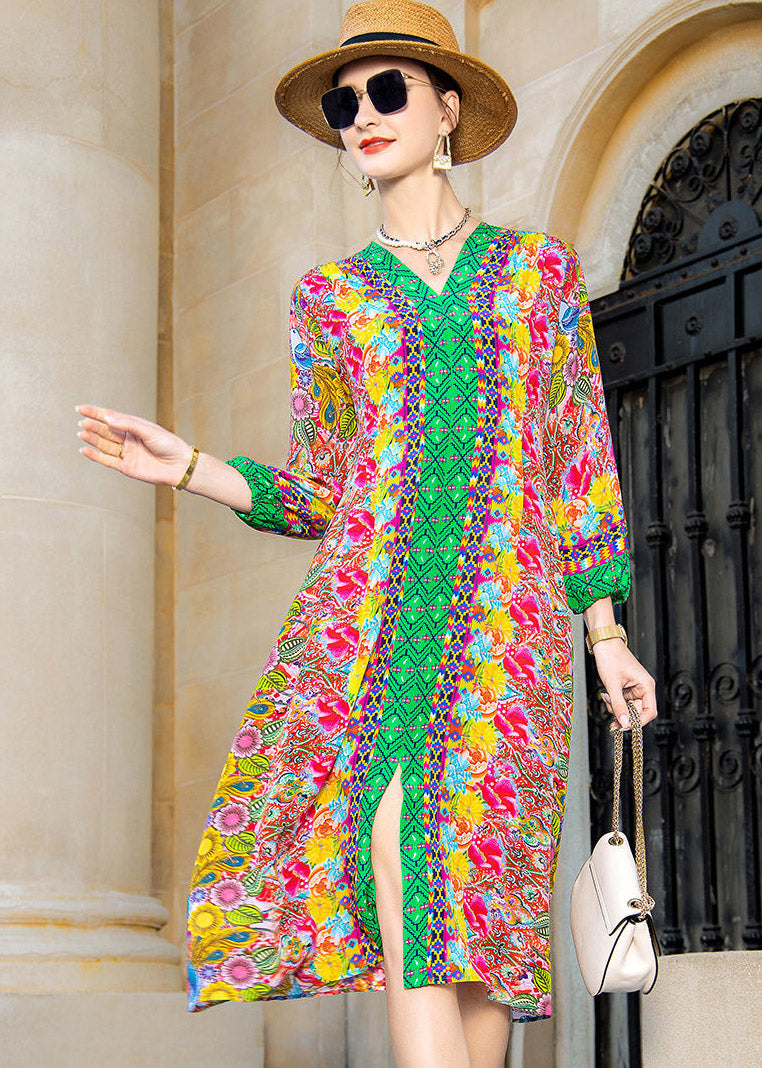 V Neck Print Pockets Silk Dress Long Sleeve