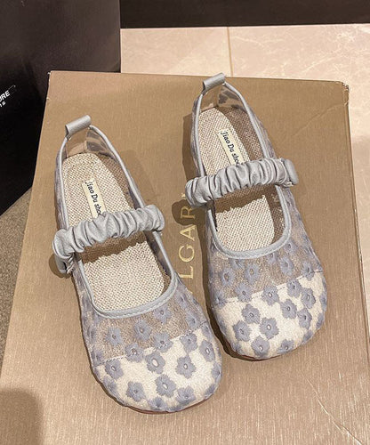 Blue Walking Sandals Tulle Embroidery Buckle Strap Splicing
