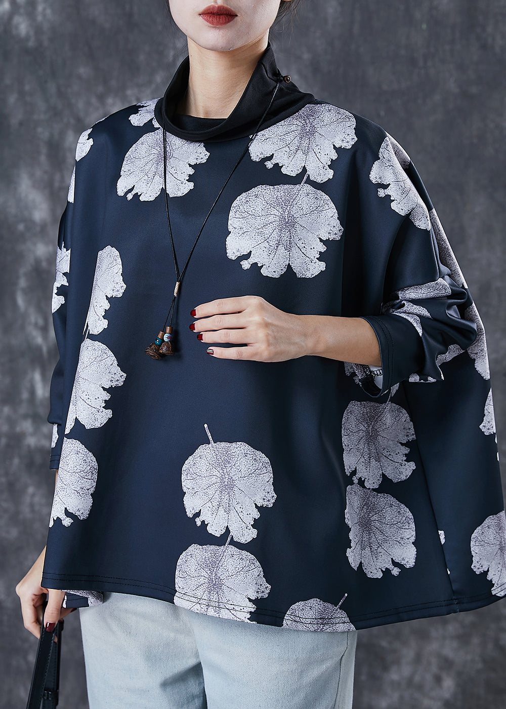 Black Turtle Neck Lotus Leaf Print Spandex Top Spring