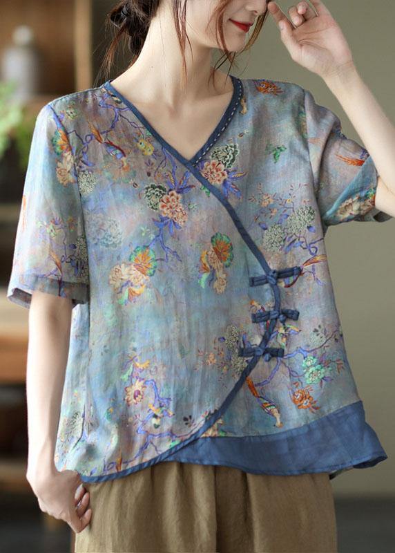 Simple Purple Print Ramie Oriental Summer Tops