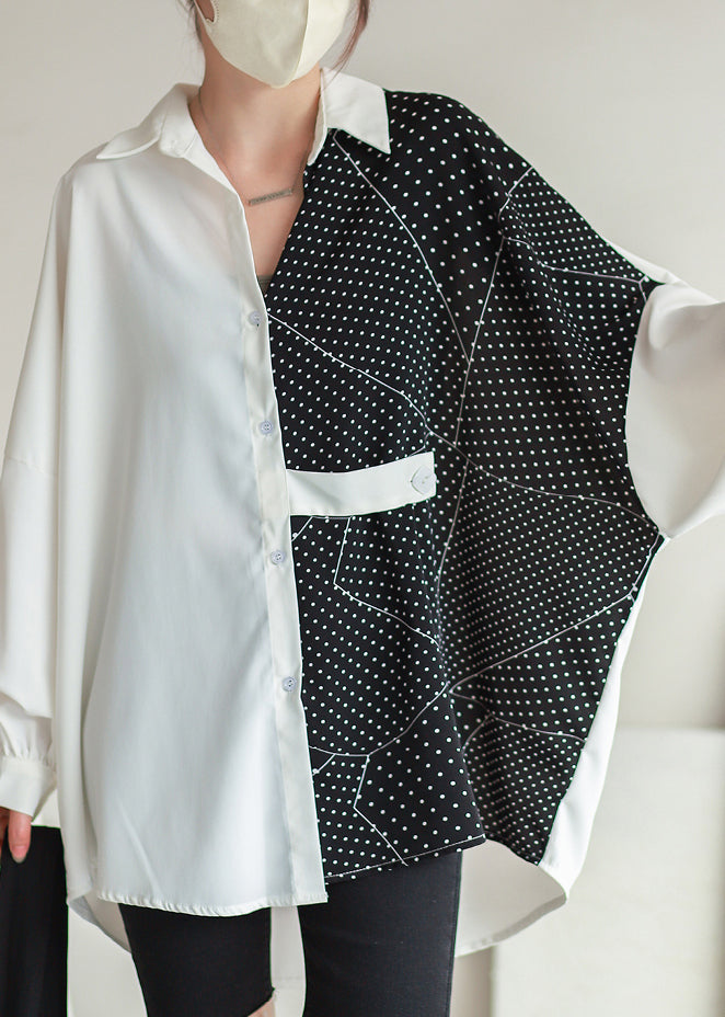 White Dot Asymmetrical Button Chiffon Shirt Batwing Sleeve