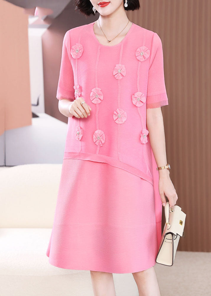 Pink O-neck Patchwork Long Dress Short Sleeve
