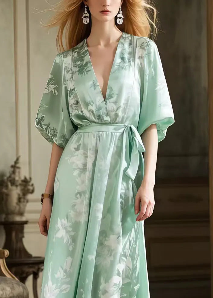 Light Green Tie Waist Print Silk Long Dress Summer