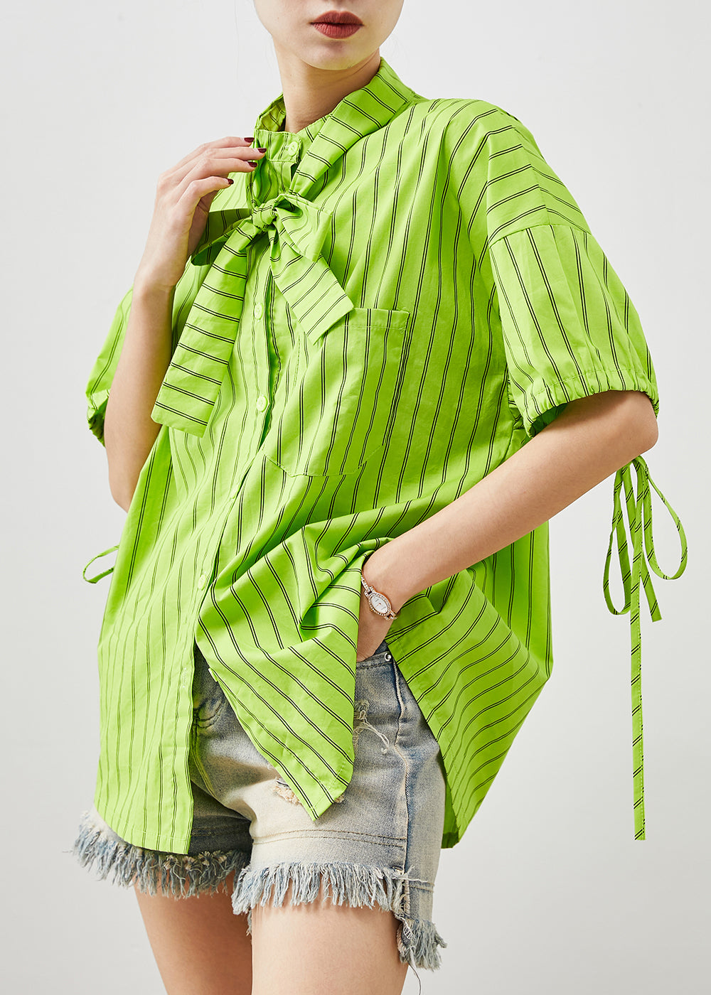 Grass Green Striped Cotton Shirt Tops Summer