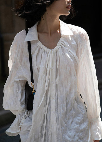 White Peter Pan Collar Wrinkled Neck Tie Button Shirts Long Sleeve