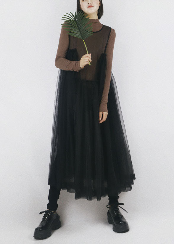 Black Ruffled Patchwork Tulle Vacation Dresses Sleeveless