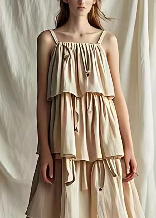 Light Khaki Wrinkled Cotton Spaghetti Strap Dress Sleeveless