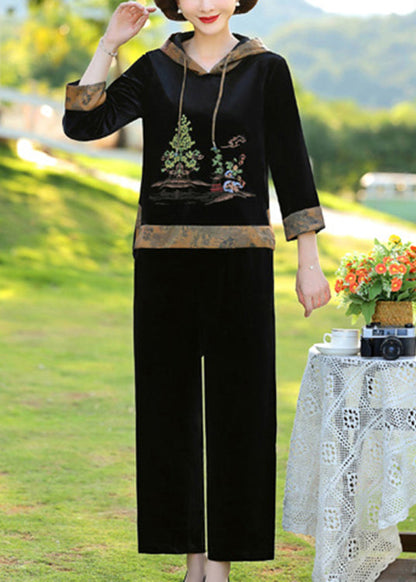 Black Print Patchwork Hooded Silk Velour Top and Wide Leg Pants Two Pieces Set Fall