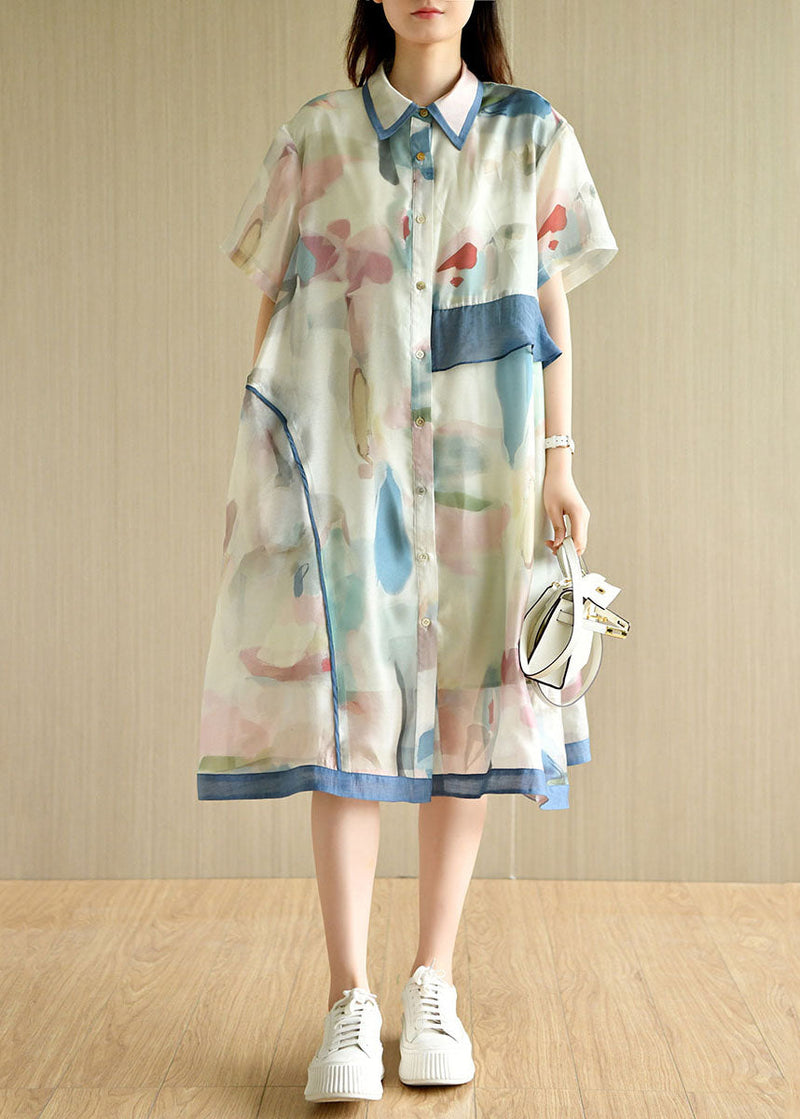 Light Green Asymmetrical Design Print Silk Loose Dresses Short Sleeve