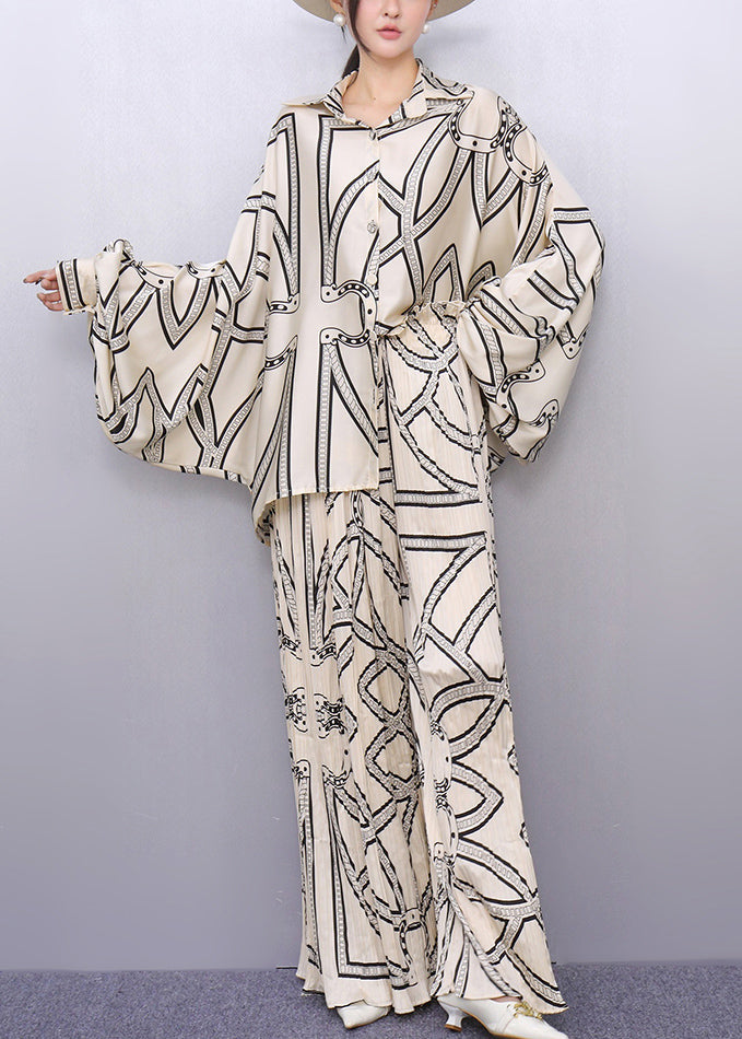 White Oversized Print Silk Two Piece Set Outfits Batwing Sleeve
