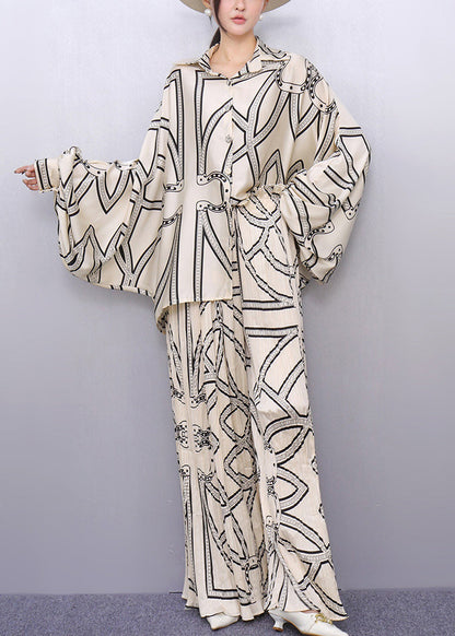 White Oversized Print Silk Two Piece Set Outfits Batwing Sleeve