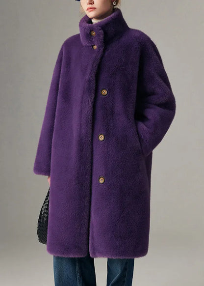 Purple Button Pockets Leather and Fur Coats Stand Collar