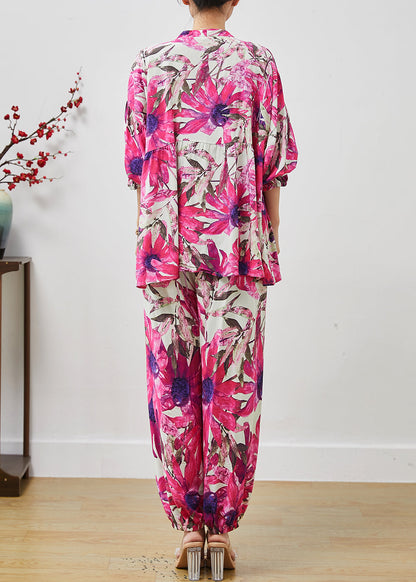 Purple V Neck Print Cotton Two Pieces Set Summer
