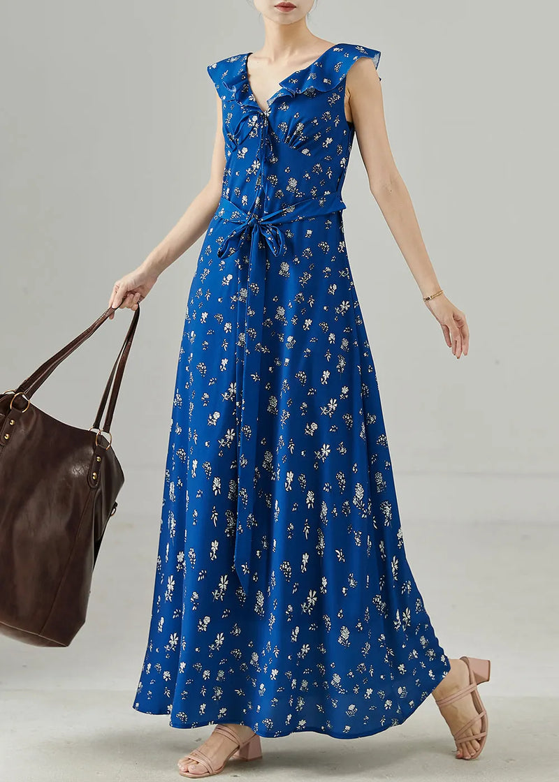 Blue Tie Waist Print Chiffon Party Dress Sleeveless