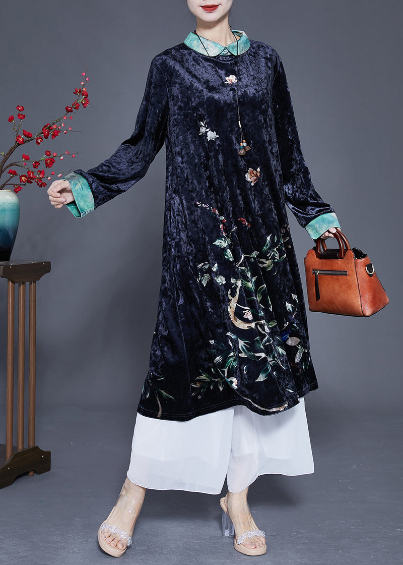 Black Print Patchwork Silk Velour Vacation Dresses Spring