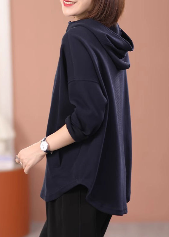 Black Hooded Cotton Pullover Sweatshirt Fall