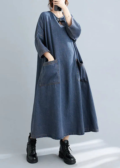 Blue O Neck Pockets Patchwork Denim Long Dresses Fall