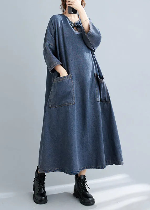 Blue O Neck Pockets Patchwork Denim Long Dresses Fall