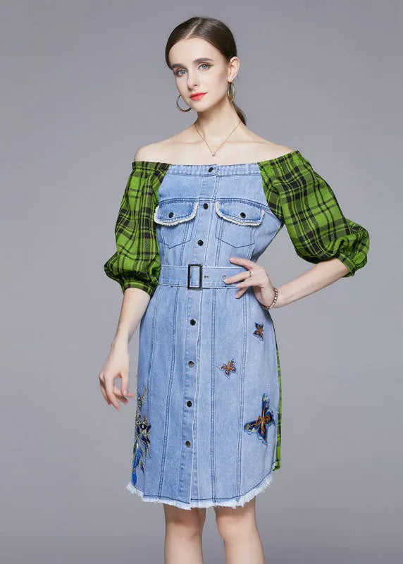 Diy Blue Slash Neck Embroideried Patchwork Cotton Denim Dress Lantern Sleeve