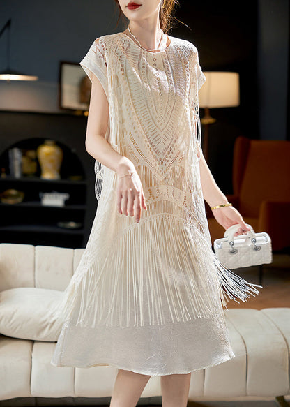 Beige Tasseled False Two Pieces Patchwork Chiffon Dress Summer
