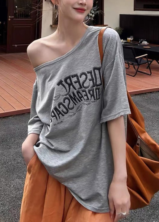 Grey Oversized Print Cotton Tank and Wide Leg Pant Two Pieces Set Fall