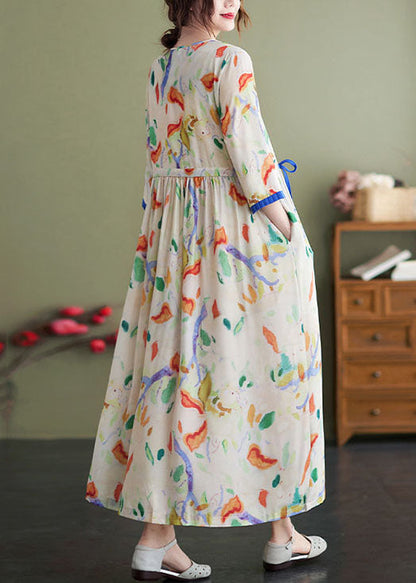 Apricot V Neck Tie Waist Print Pockets Cotton Cinch Dress Bracelet Sleeve
