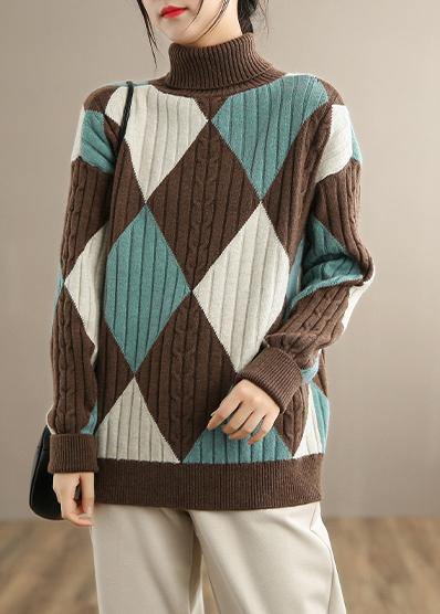 Chocolate Green Plaid Sweaters High Neck Clothes
