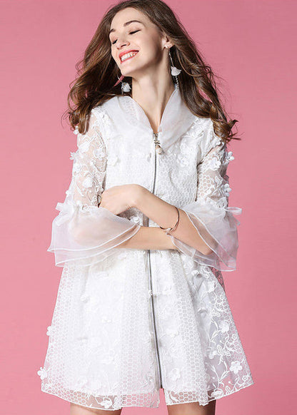 White Hooded Embroidered Tulle Mini Dresses Flare Sleeve