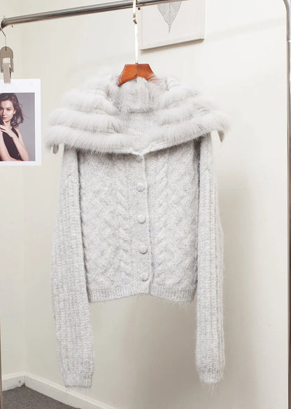 Loose Brown Sailor Collar Fox Collar Patchwork Cable Knit Coat Fall