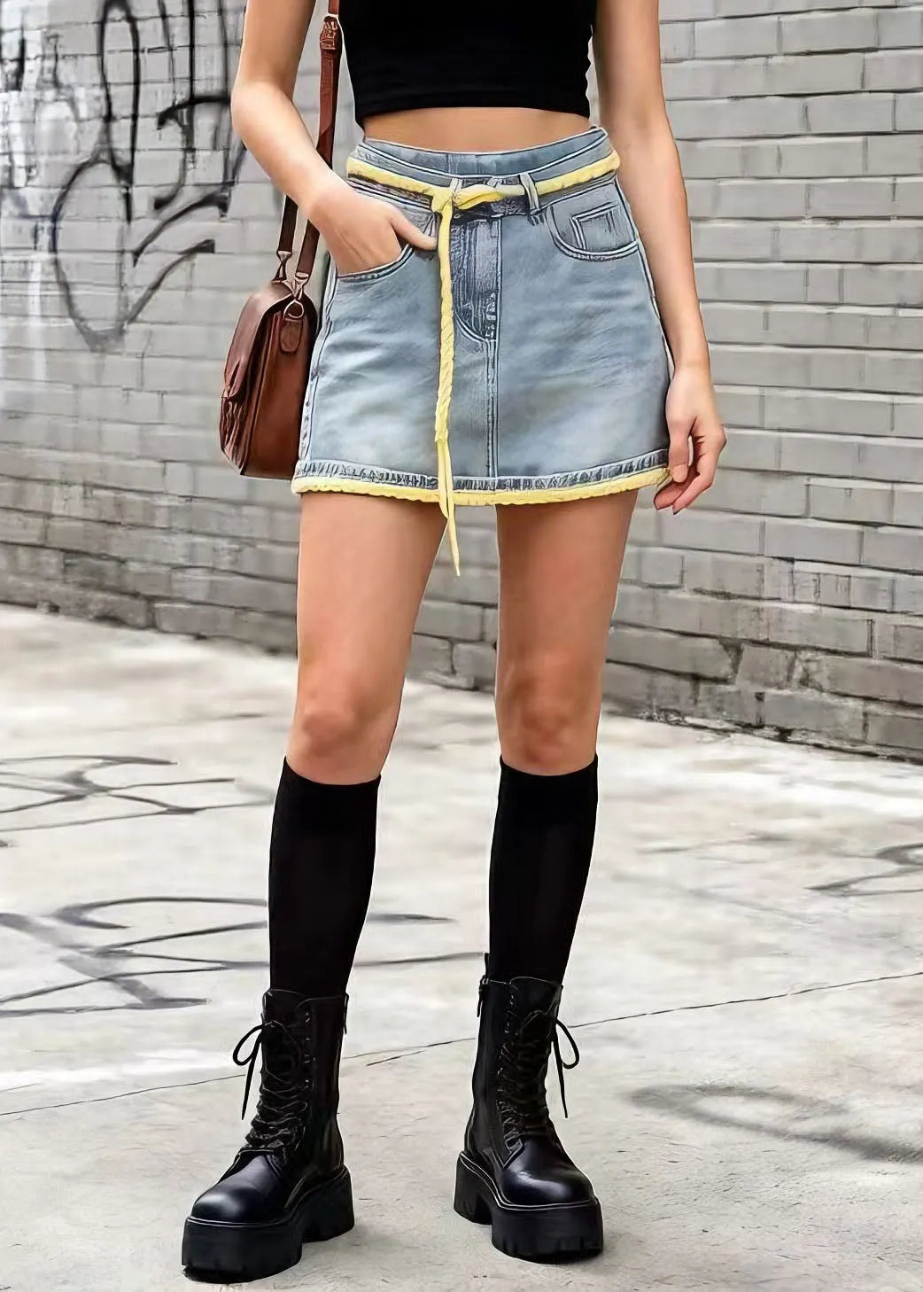 New Light Blue Pockets High Waist Denim Skirt Summer