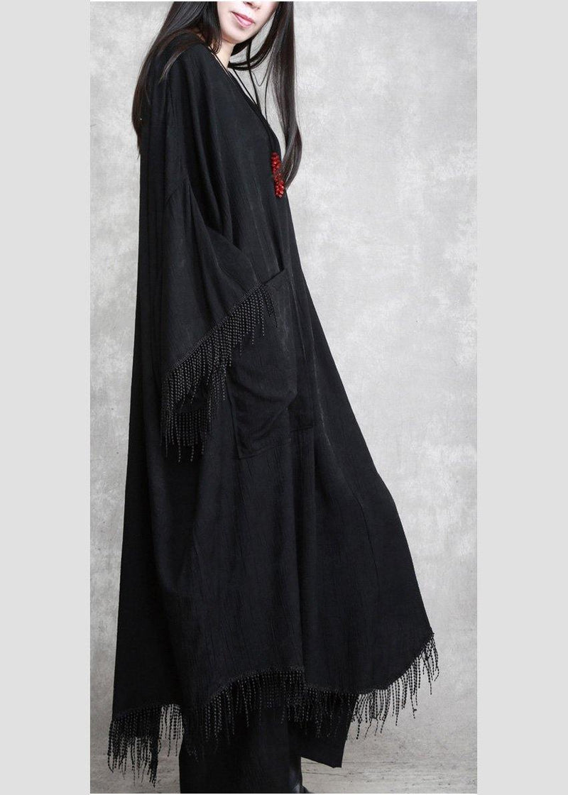 Black Tasseled Silk Linen Cape Dress Caftans Outfits
