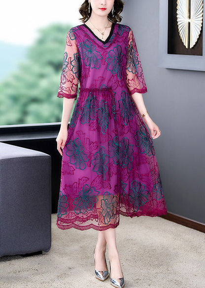 Purple Embroideried Ruffled Tulle Dresses Half Sleeve