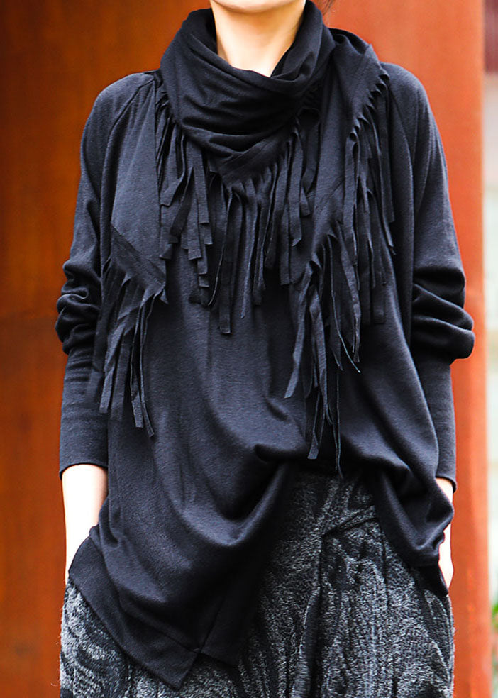 Black O-neck Tasseled Asymmetrical Design Spring Tops Long Sleeve