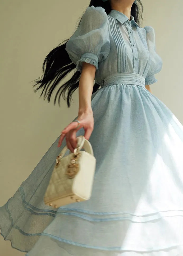 Natural Blue Peter Pan Collar Striped Button Tulle Shirts and Skirts Two Piece Set Summer