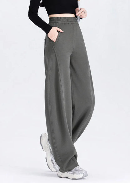 Classy Brown Elastic Waist Cotton Straight Pants Spring