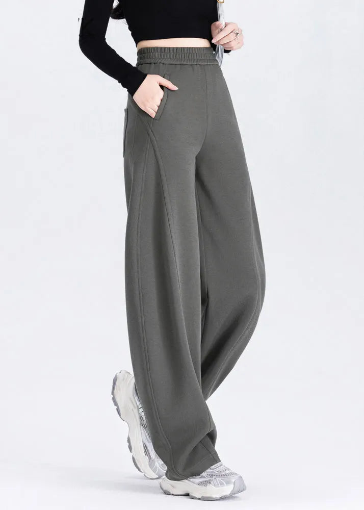 Classy Brown Elastic Waist Cotton Straight Pants Spring
