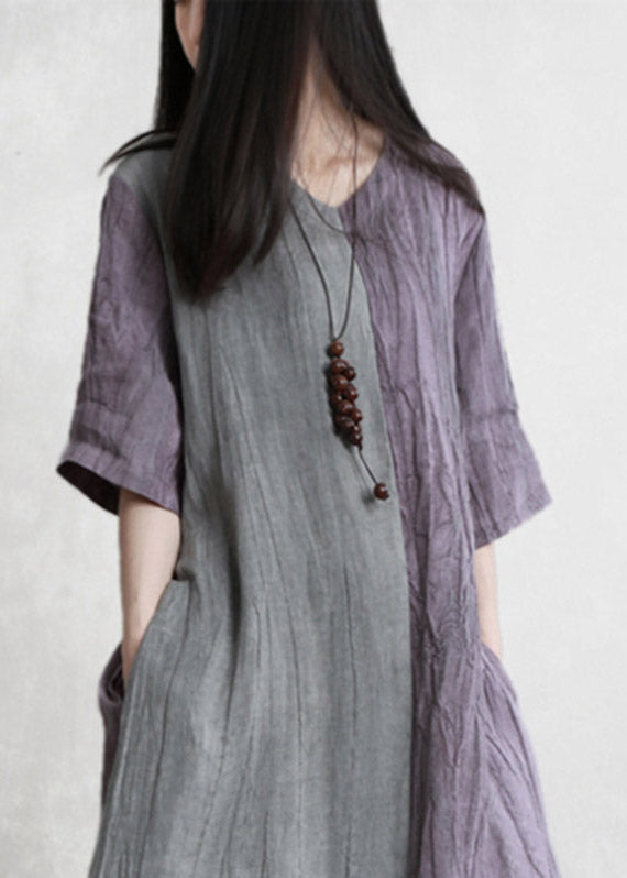 Purple Grey Patchwork V Neck Pockets Wrinkled Tie Waist Linen Dress Half Sleeve