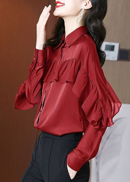 Red Peter Pan Collar Ruffled Patchwork Silk Shirts Spring