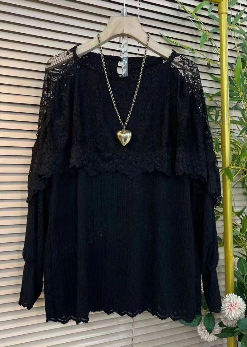 White O Neck Ruffled Zircon Lace Top Fall