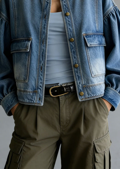 Blue O Neck Pockets Patchwork Denim Coat Spring
